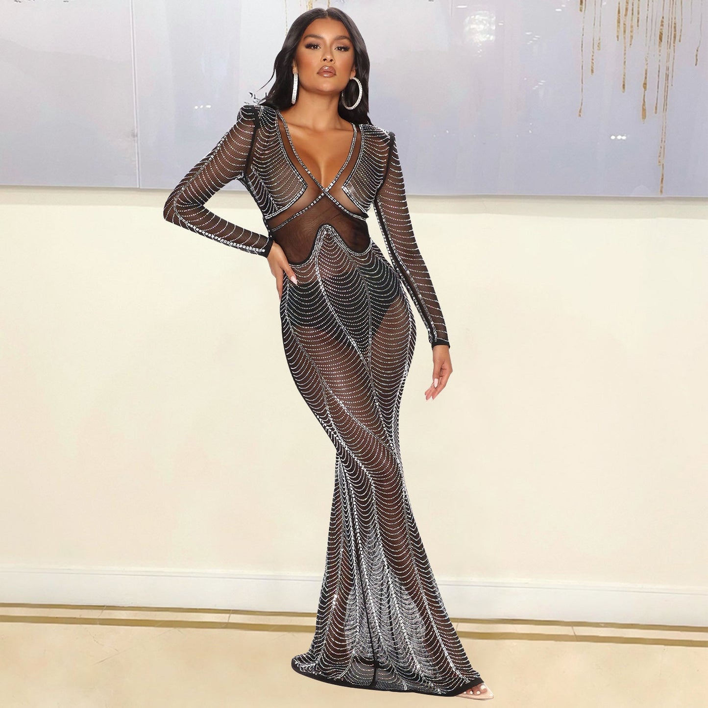 Summer Women Clothing Sexy Mesh See-through Nightclub Rhinestone Maxi Dress for Women