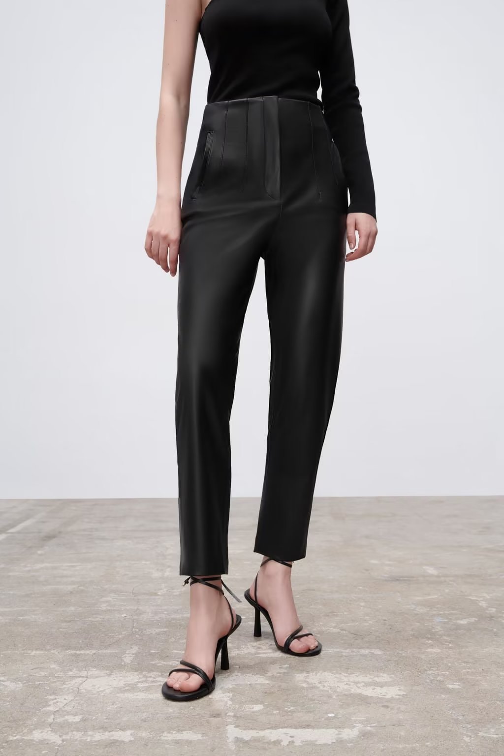 Women Clothing Autumn High Waist Ruched Faux Leather Pants