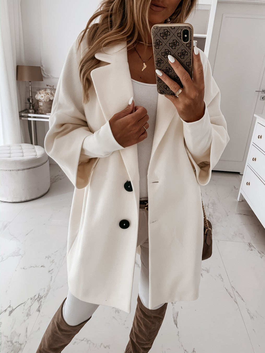 Autumn Winter Three-Quarter Sleeve Button Collared Pocket Women Woolen Coat