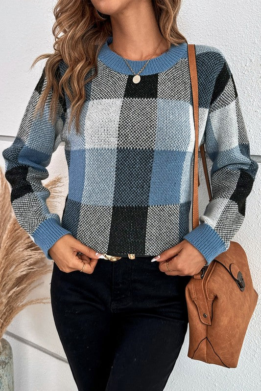 Plaid Print Round Neck Knit Loose Fit Sweater