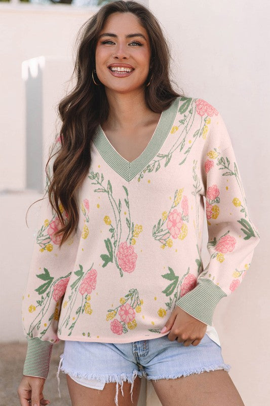 Floral Stripe Contrast V-Neck Sweater