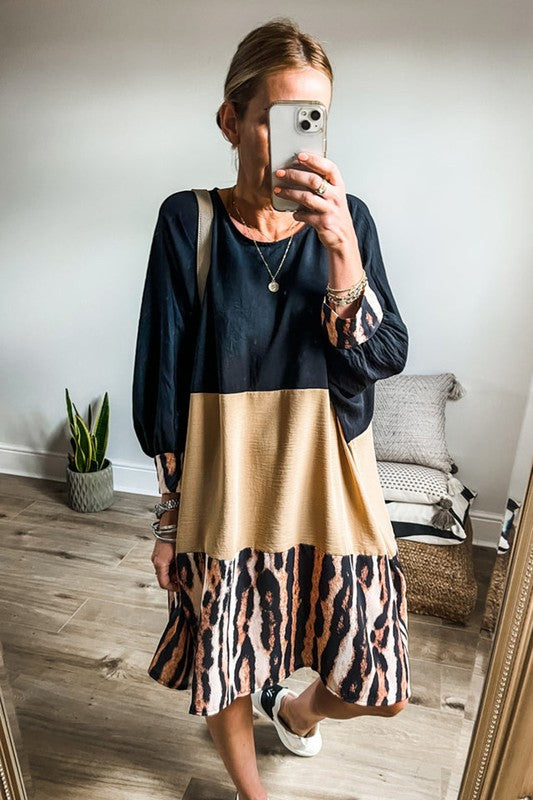 Women Colorblock Bishop Sleeve Mini Dress