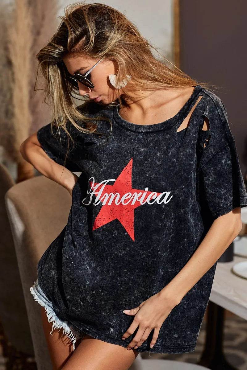 BiBi Laser Cut Mineral Washed Jersey Top with  America