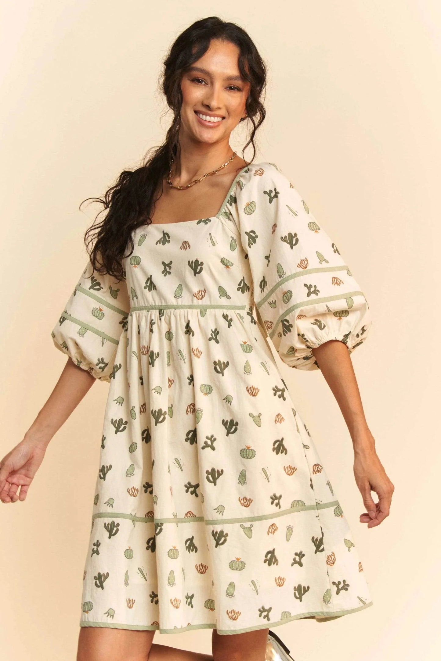 Davi & Dani Cactus Printed Poplin Contrast Piping Mini Dress