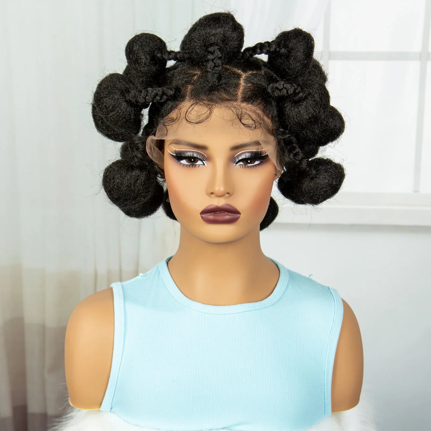 Short Cute Handmade Bantu Knotless Braids Wig | Transparent Full Lace Frontal