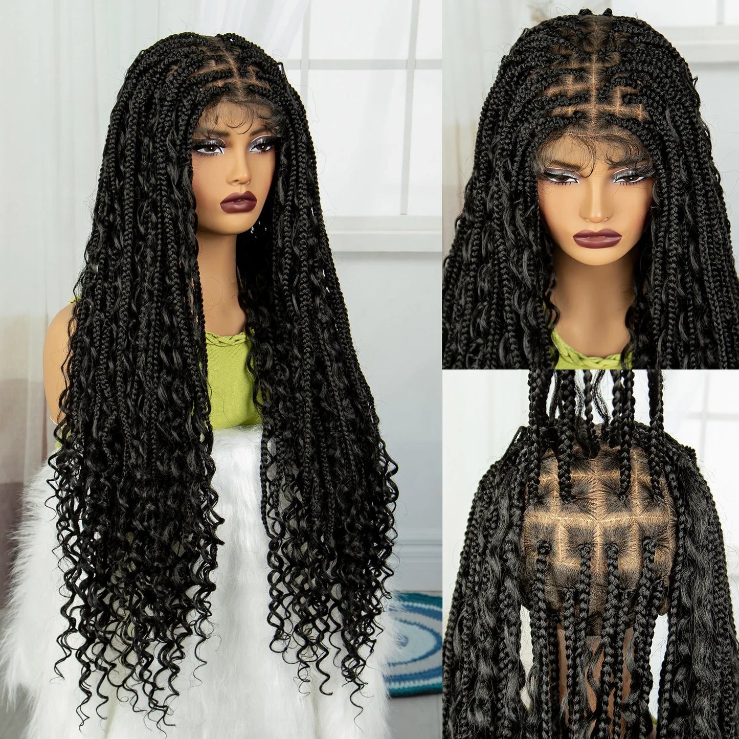 Burgundy Knotless Box Braids Wig with Curly Ends | Full Lace Handmade