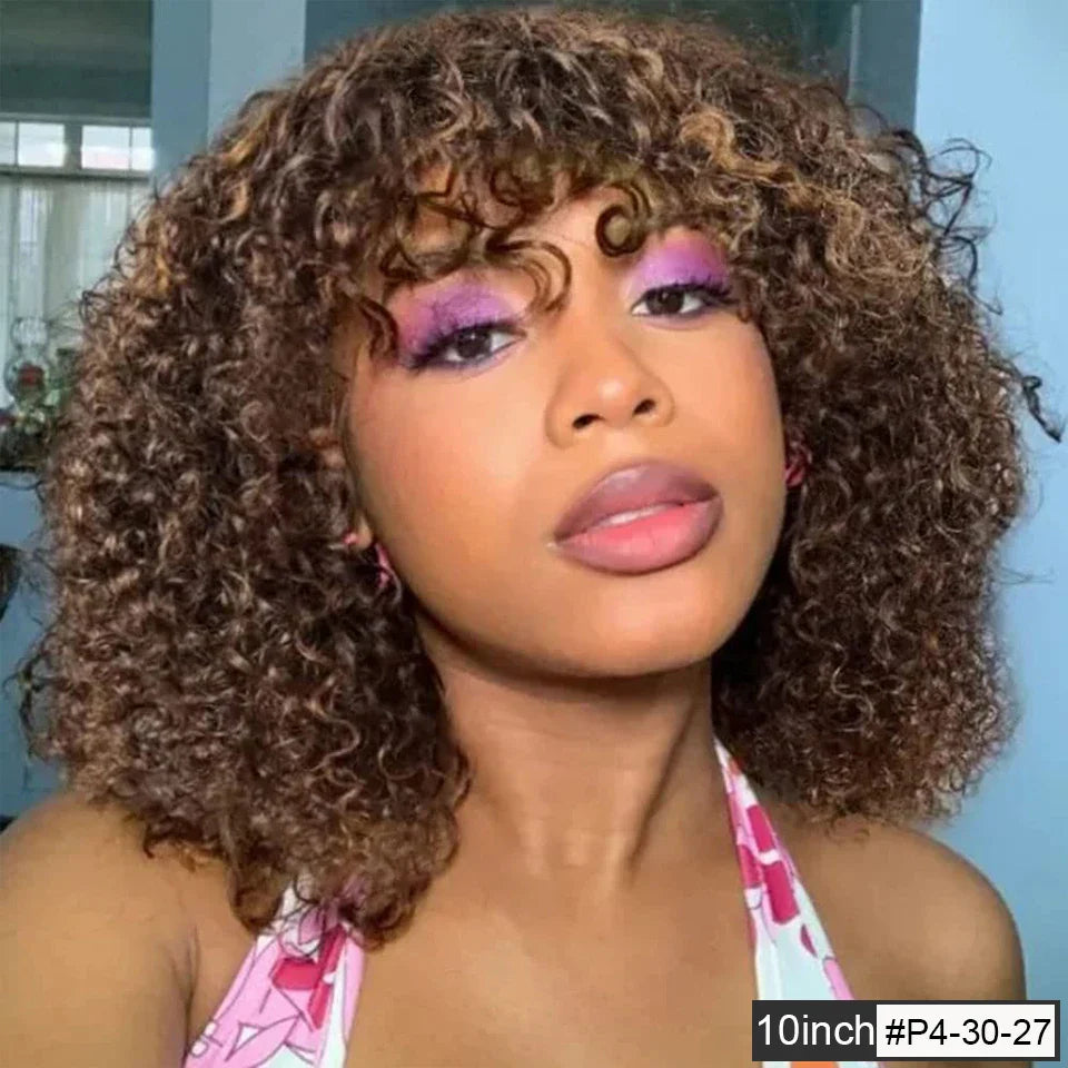 180% Density Honey Blonde Highlight Jerry Curly Pixie Bob Wig with Bangs
