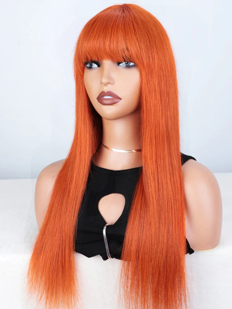 Ginger Orange Straight Human Hair Wig with Bangs | Full Machine Made Peruvian Remy Hair (Wear & Go)