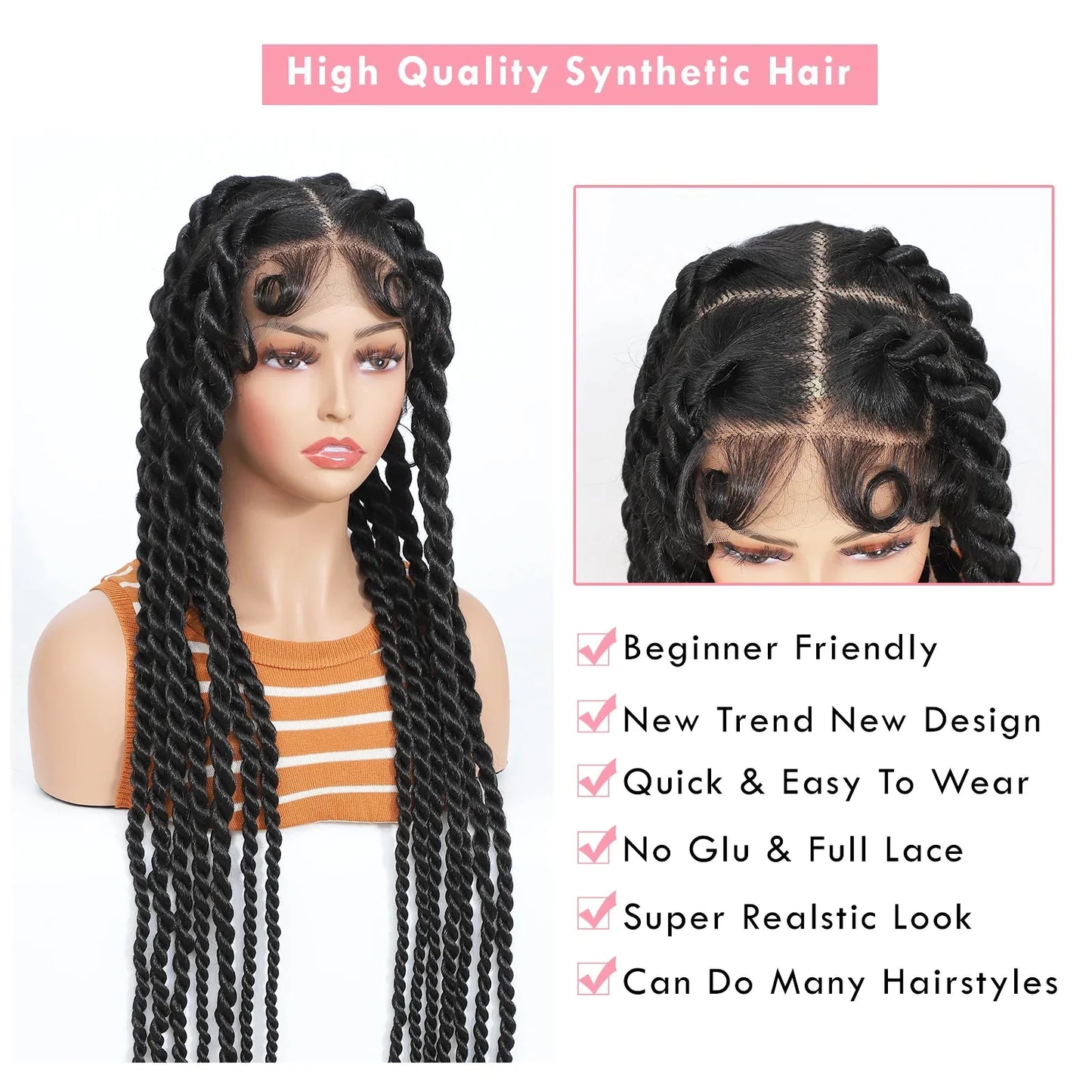 36" Hand-Tied Faux Locs Full Lace Wig | Transparent Lace | Goddess Braids | Synthetic Braided Wig