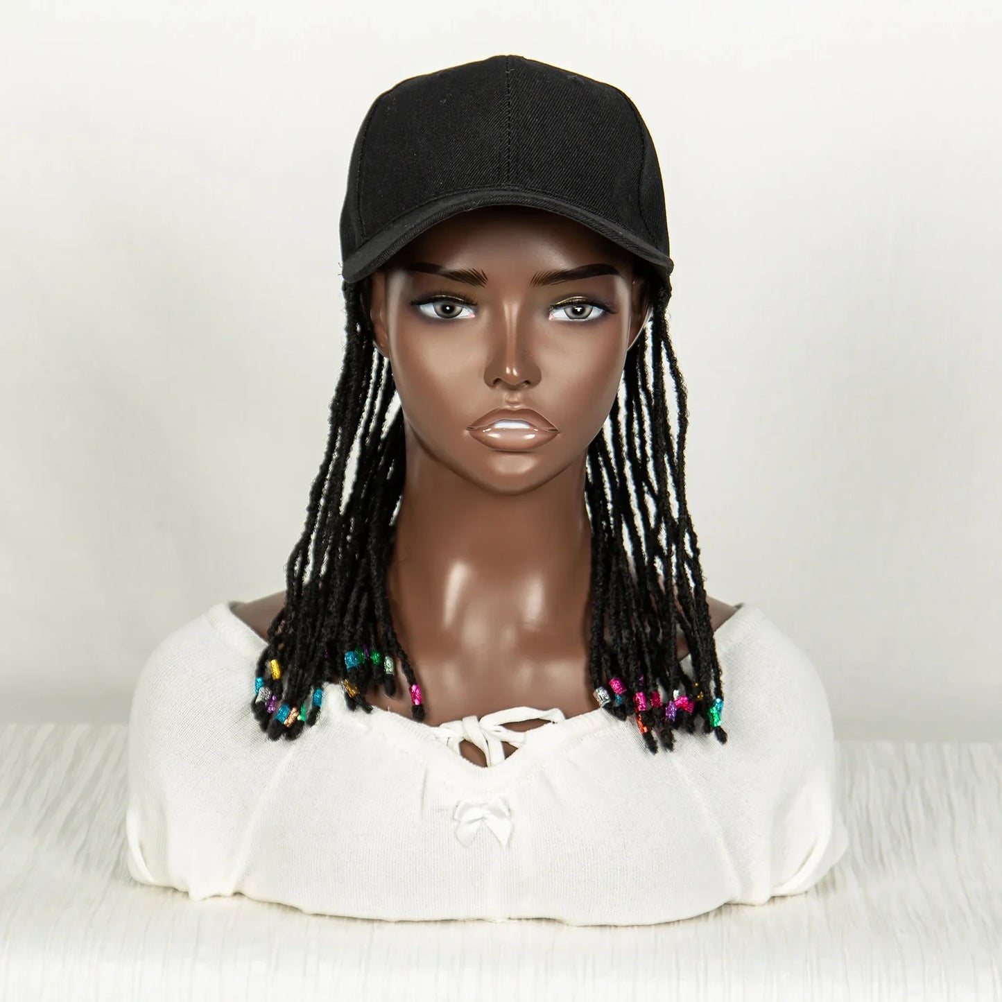 Short Knotless Box Braids Hat Wig with Colored Beads | Adjustable Cap
