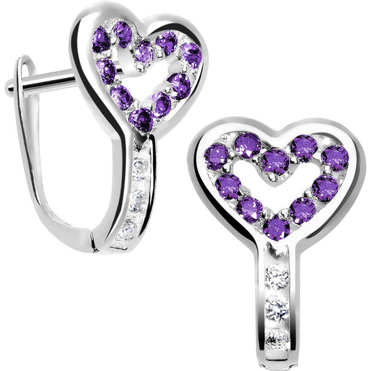 Sterling Silver Heart CZ February Birthstone Youth Leverback Earrings