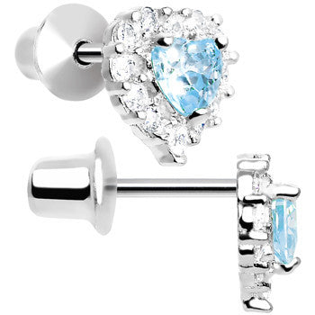 Sterling Silver Heart CZ March Birthstone Youth Screwback Earrings
