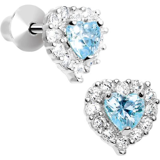 Sterling Silver Heart CZ March Birthstone Youth Screwback Earrings