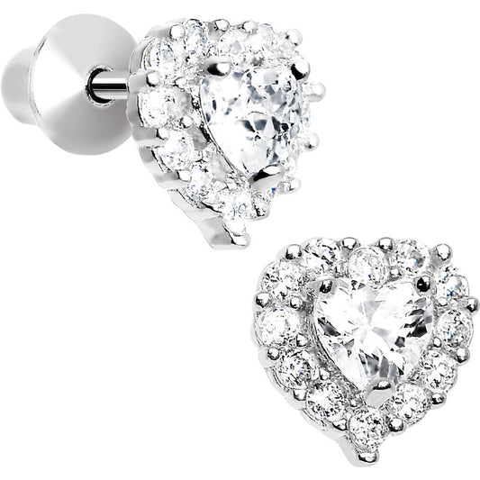 Sterling Silver Heart CZ April Birthstone Youth Screwback Earrings