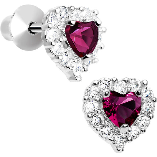 Sterling Silver Heart CZ July Birthstone Youth Screwback Earrings