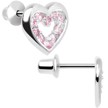 .925 Sterling Silver October CZ Open Heart Youth Screwback Earrings