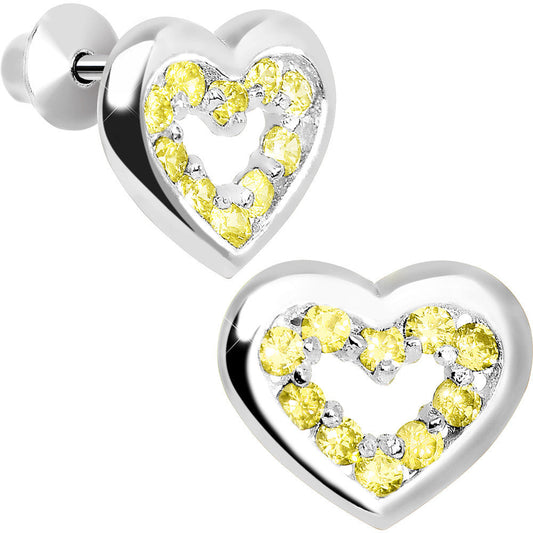 .925 Sterling Silver November CZ Open Heart Youth Screwback Earrings