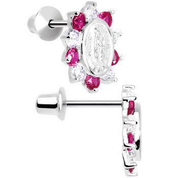 Sterling Silver Pink CZ Lady of Guadalupe Youth Screwback Earrings