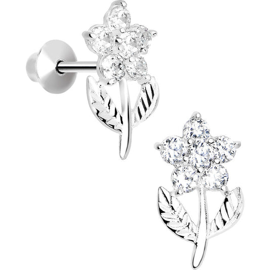 .925 Sterling Silver Clear CZ Whole Flower Youth Screwback Earrings