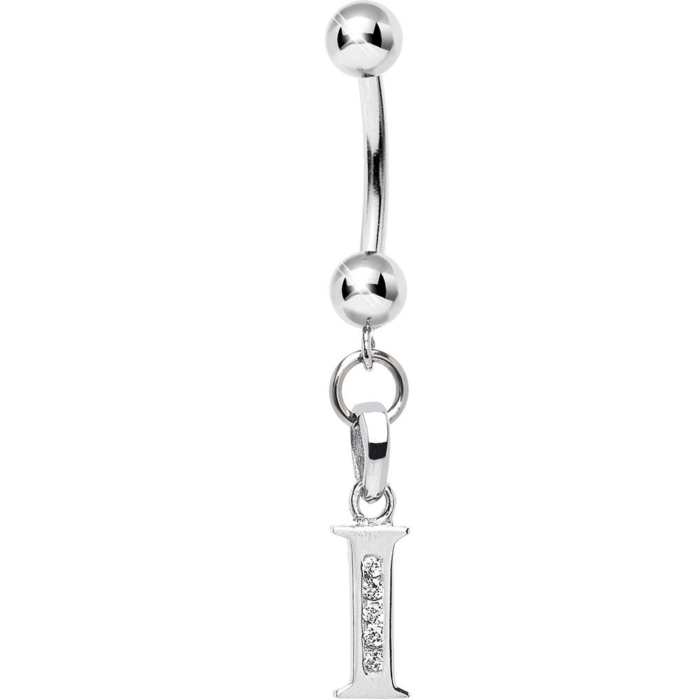 16G Solid 14k White Gold CZ Initial I Belly Ring