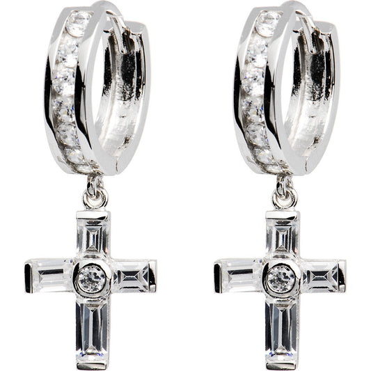 Sterling Silver Baguette CZ Cross Huggy Earrings