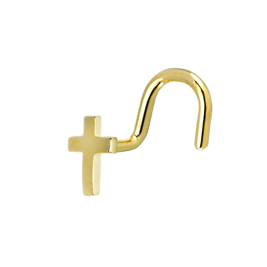 Solid 14K Yellow Gold Cross Nose Screw Ring