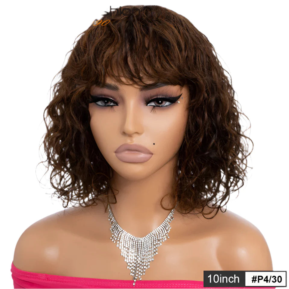 Rebecca Short Wavy & Curly Bob Wig | Human Hair with Bangs & Water Wave Texture