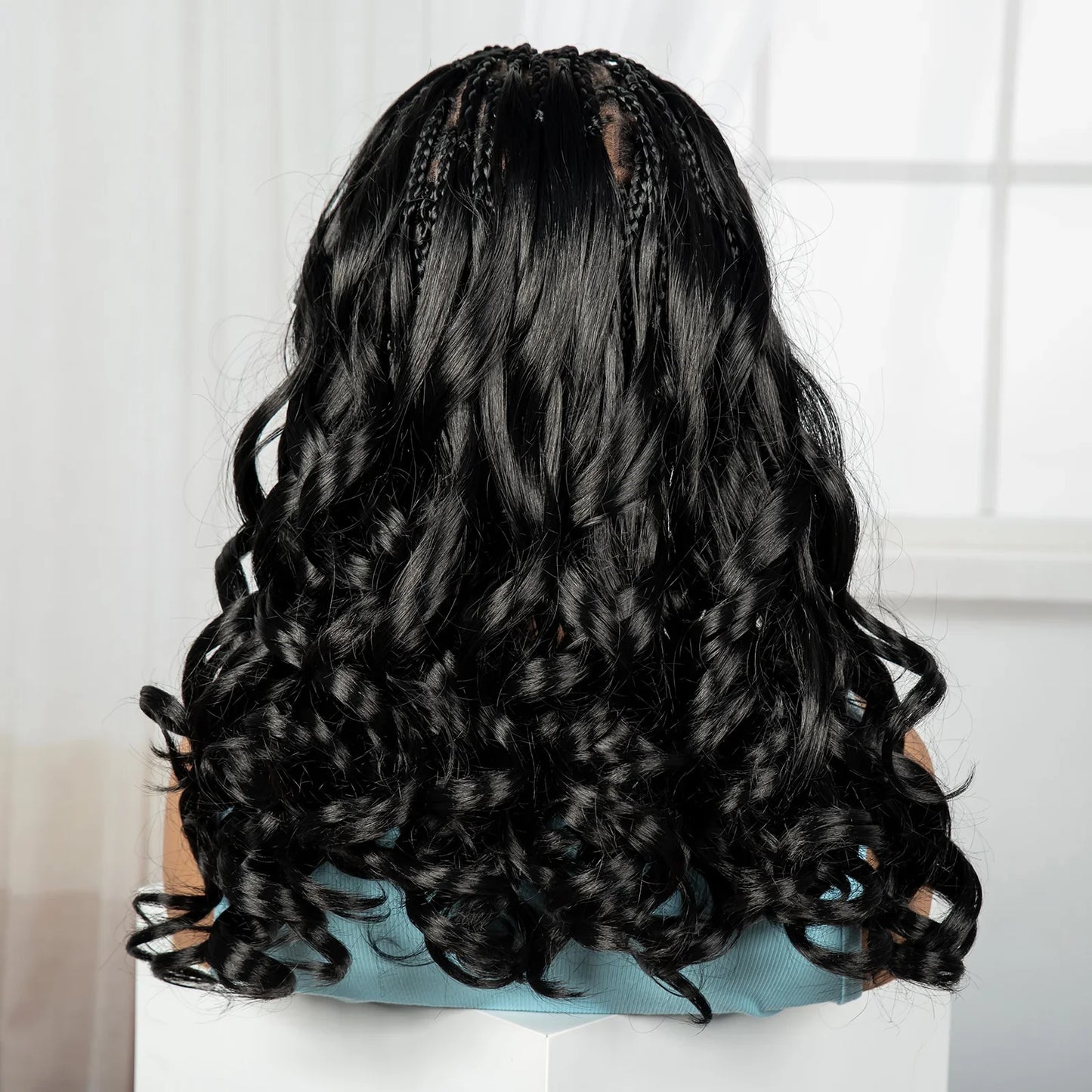 18" #27 Ombre Bouncy Wavy Braided Wig with Bangs | Knotless Box Braids | Full Lace Synthetic Wig with Baby Hair