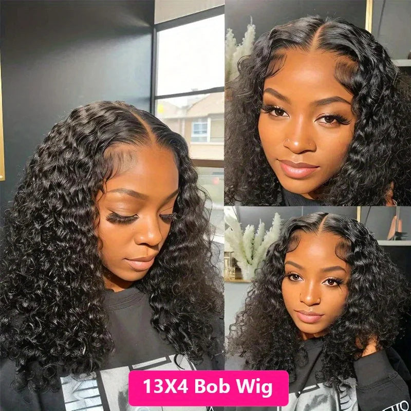 200% Density Short Curly Bob Wig 13x4 Lace Front Wet & Wavy Deep Wave Brazilian Remy Human Hair 4x4 Closure