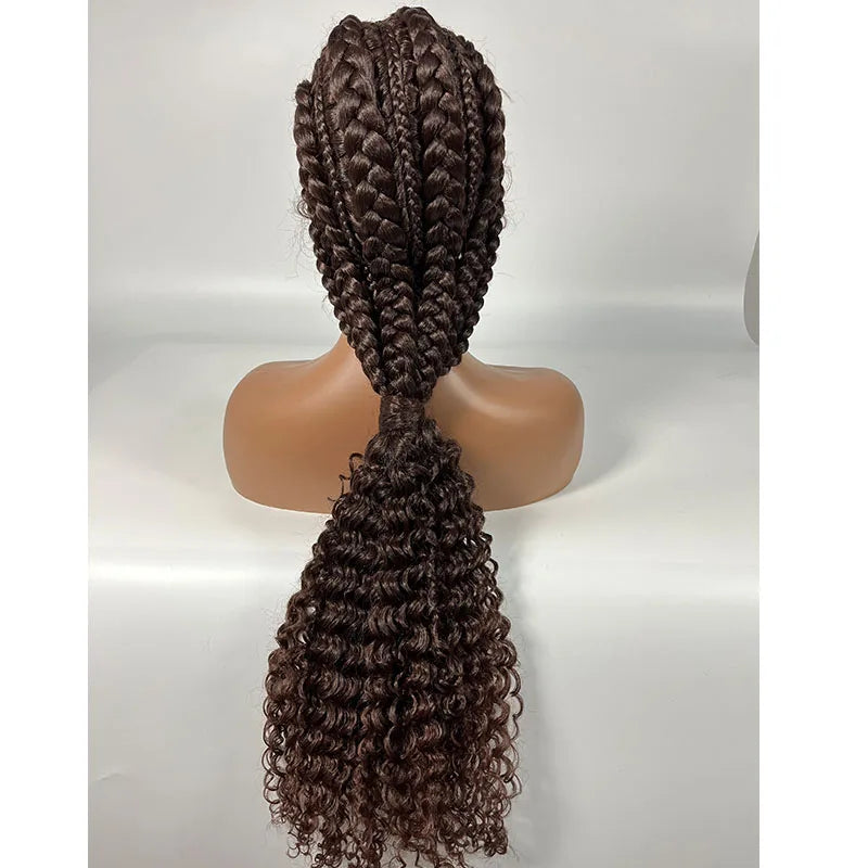 28" Burgundy Knotless Braids Wig with Curly Ends | Lace Front | Baby Hair