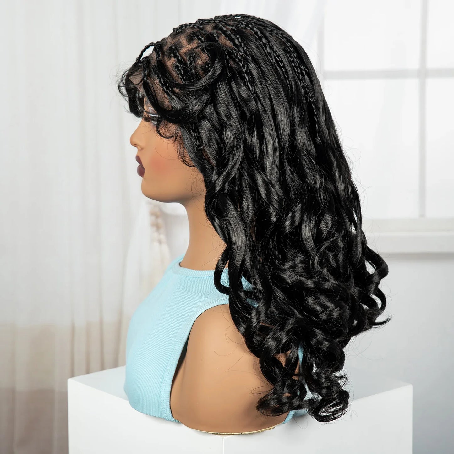 18" Bouncy Wavy Knotless Box Braids Wig with Bangs | Full Lace