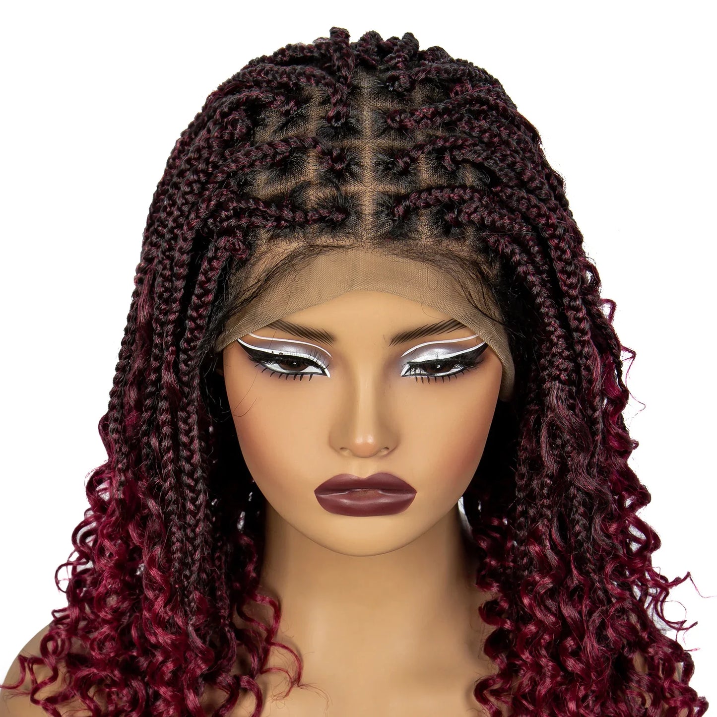 Burgundy Curly Ends Knotless Braids Bob Wig | 99J | Full Lace | Boho Style