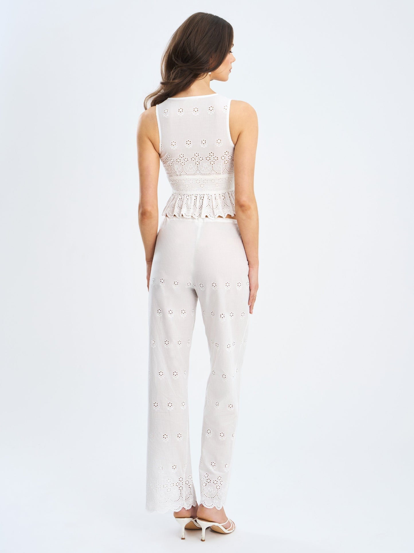Raina White Cotton Eyelet Straight Pants