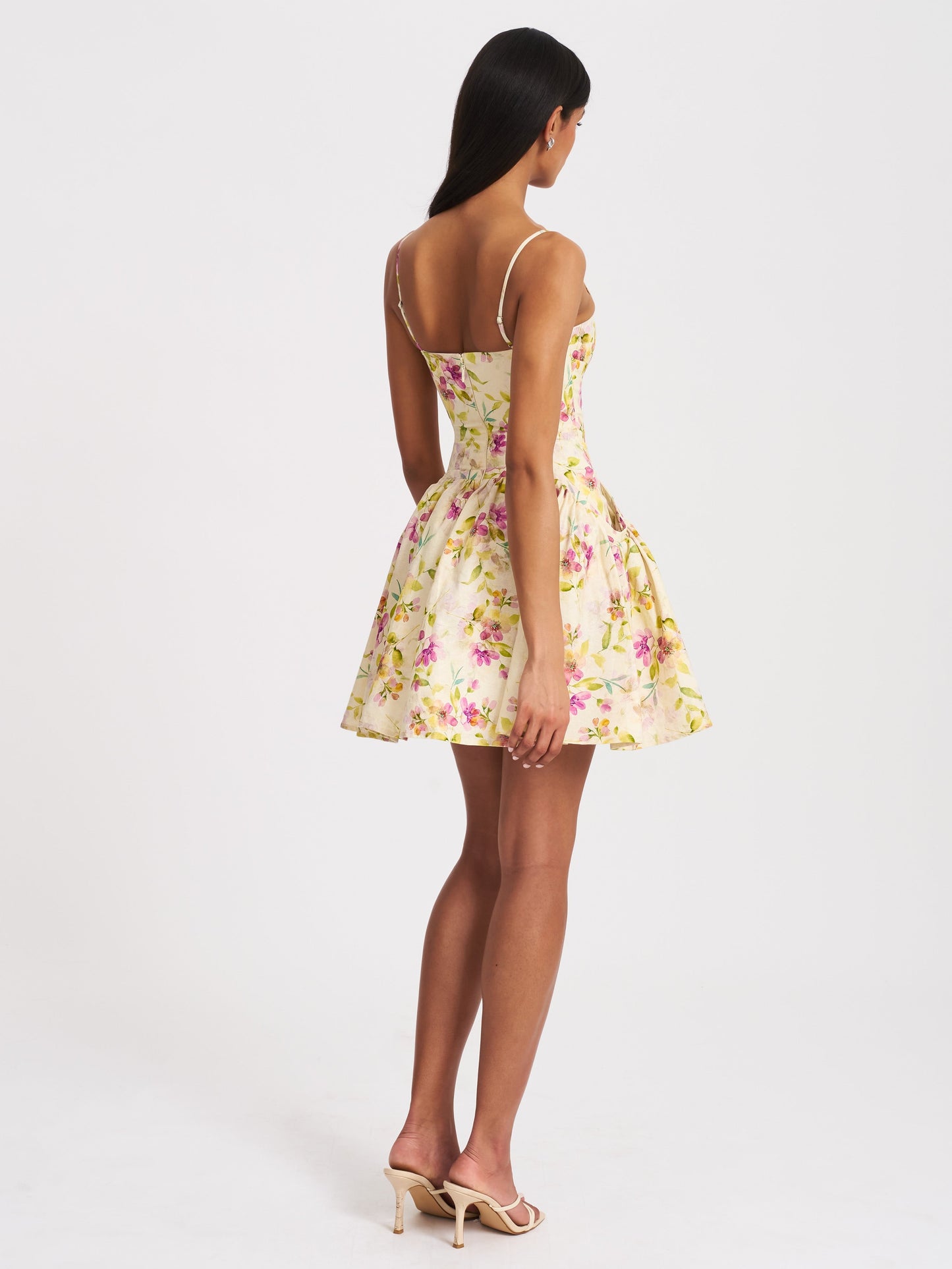 Valda Yellow and Pink Print Linen Mini Dress with Pockets