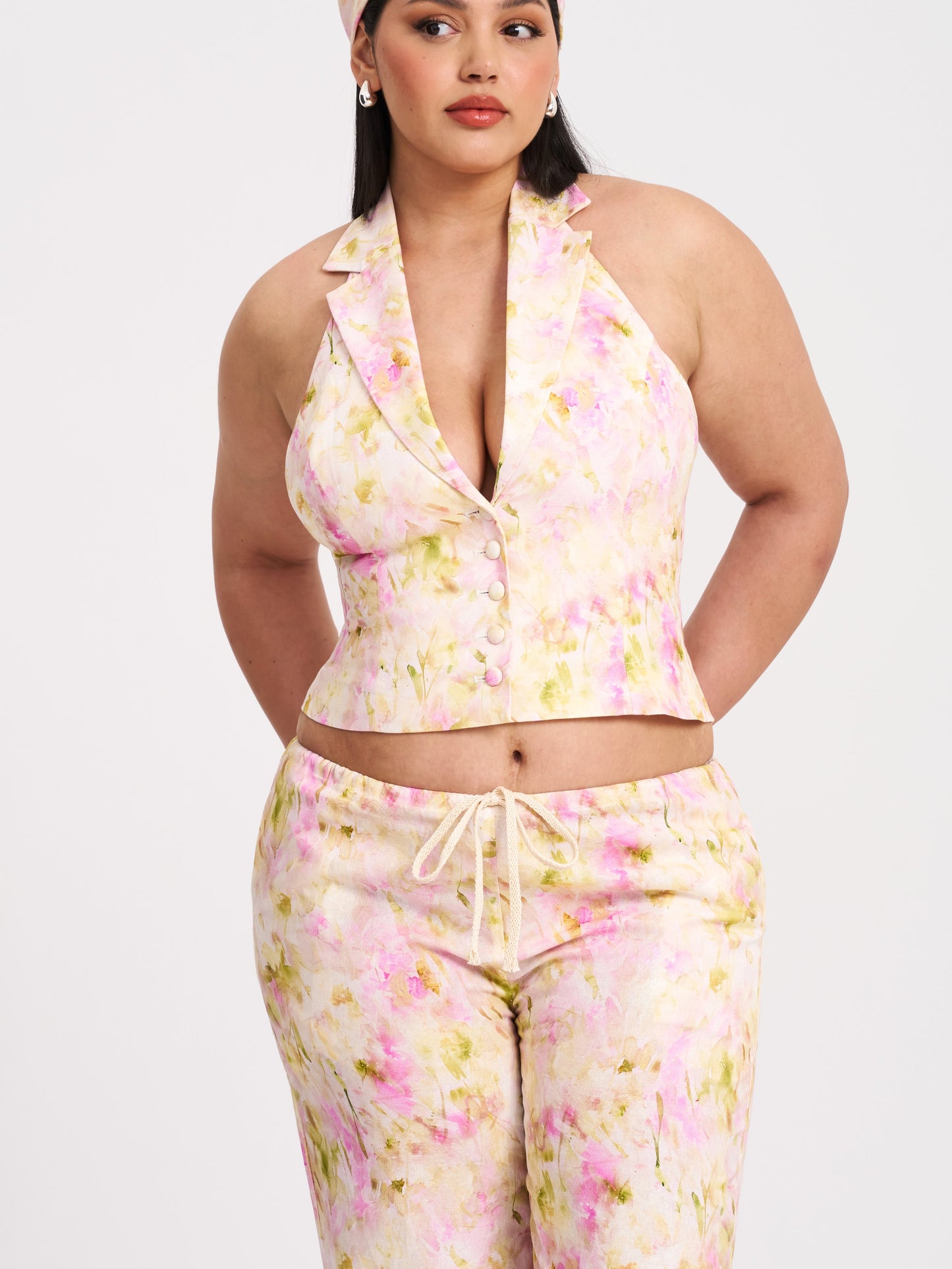 Lauren Pink Floral Print Ruched Back Linen Suit Vest