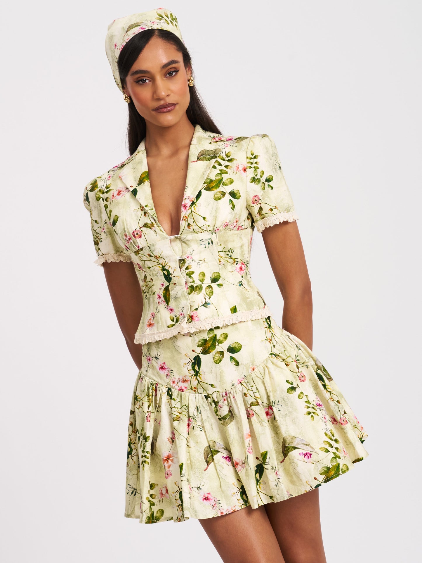 Zanella Green Floral Print Lace Trim Linen Top