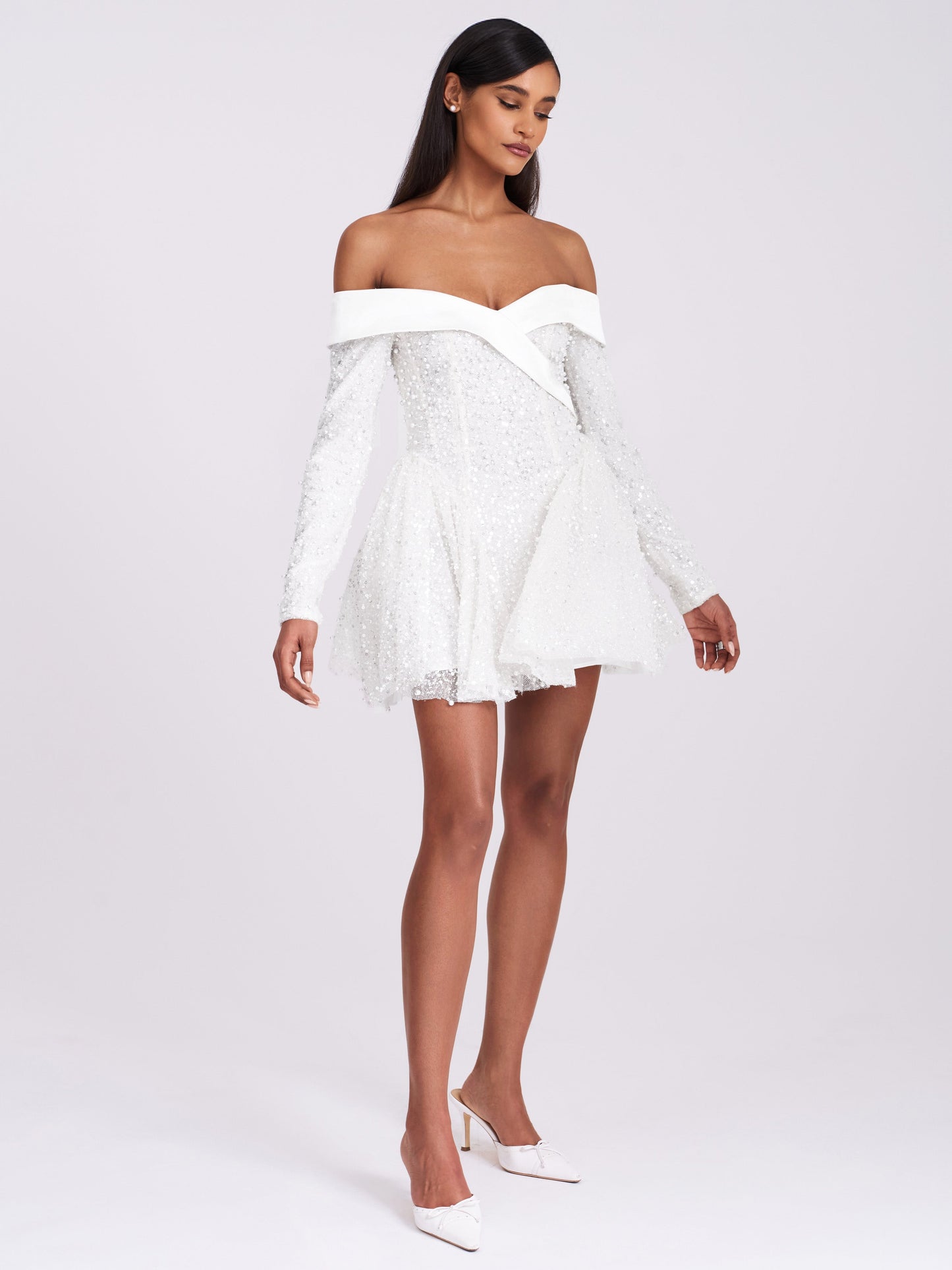 Kira Bead Embroidered Mesh Off Shoulder Long Sleeve Mini Dress