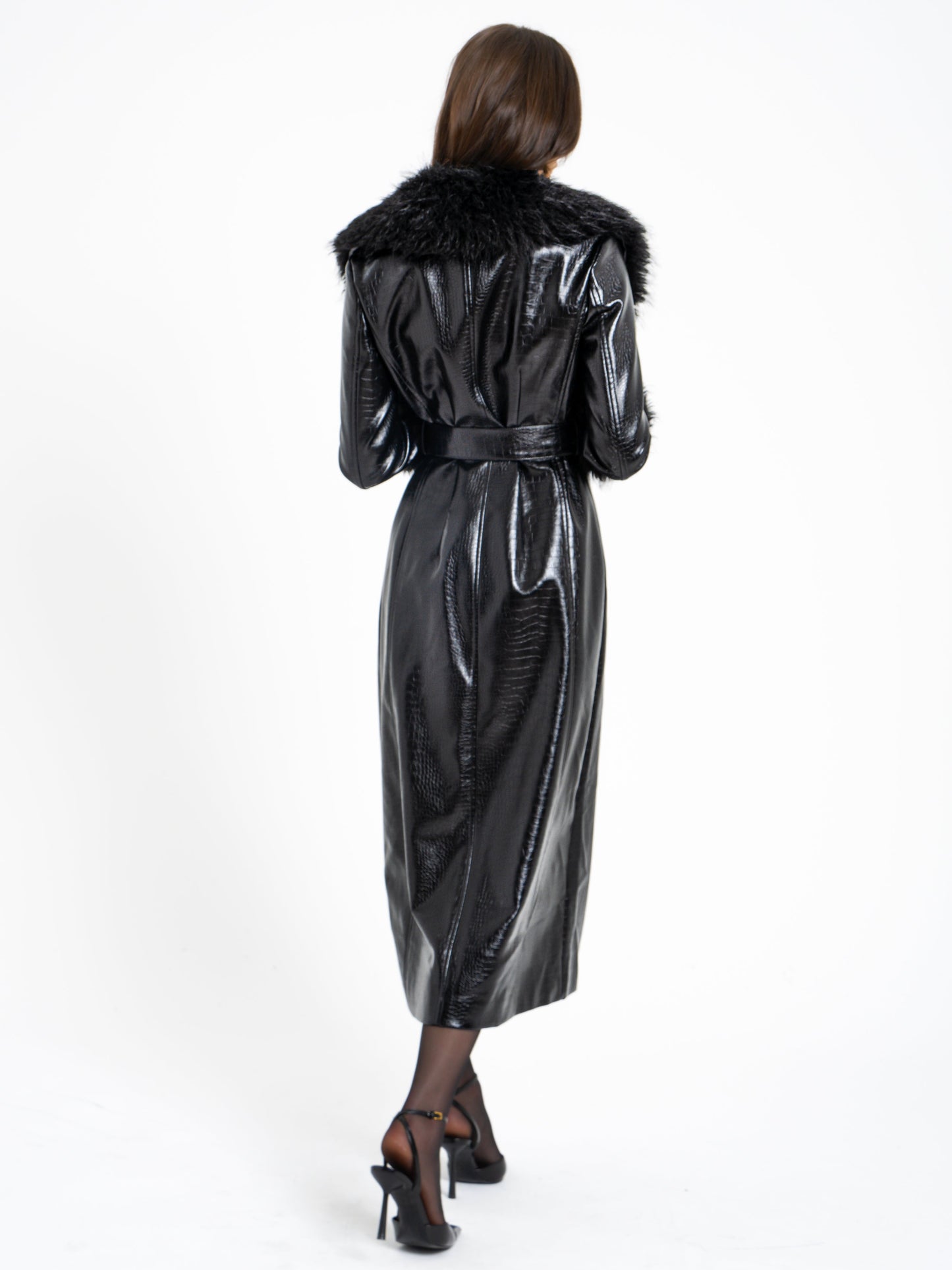Zella Black Fur Trim Vegan Croc Leather Coat