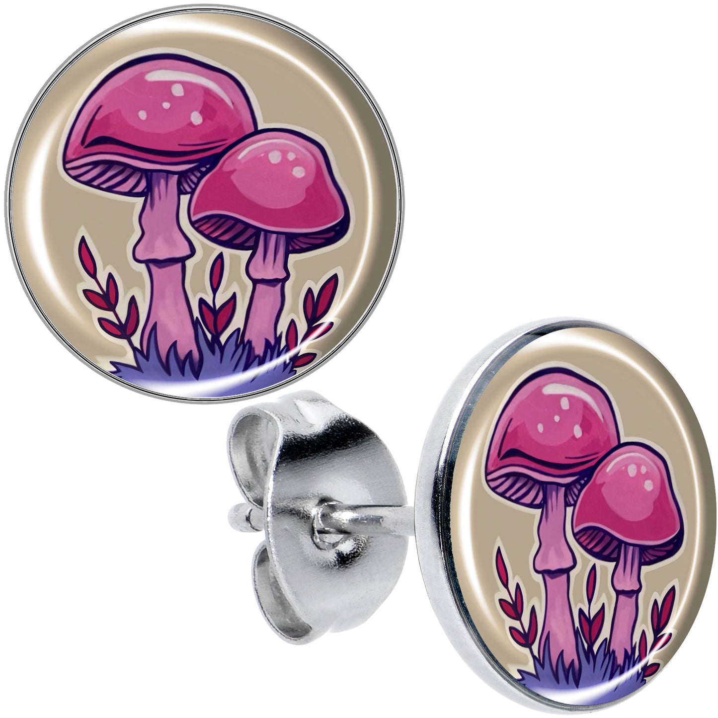 Artist Drawn Pink Mushrooms Stud Earrings by Onyx O