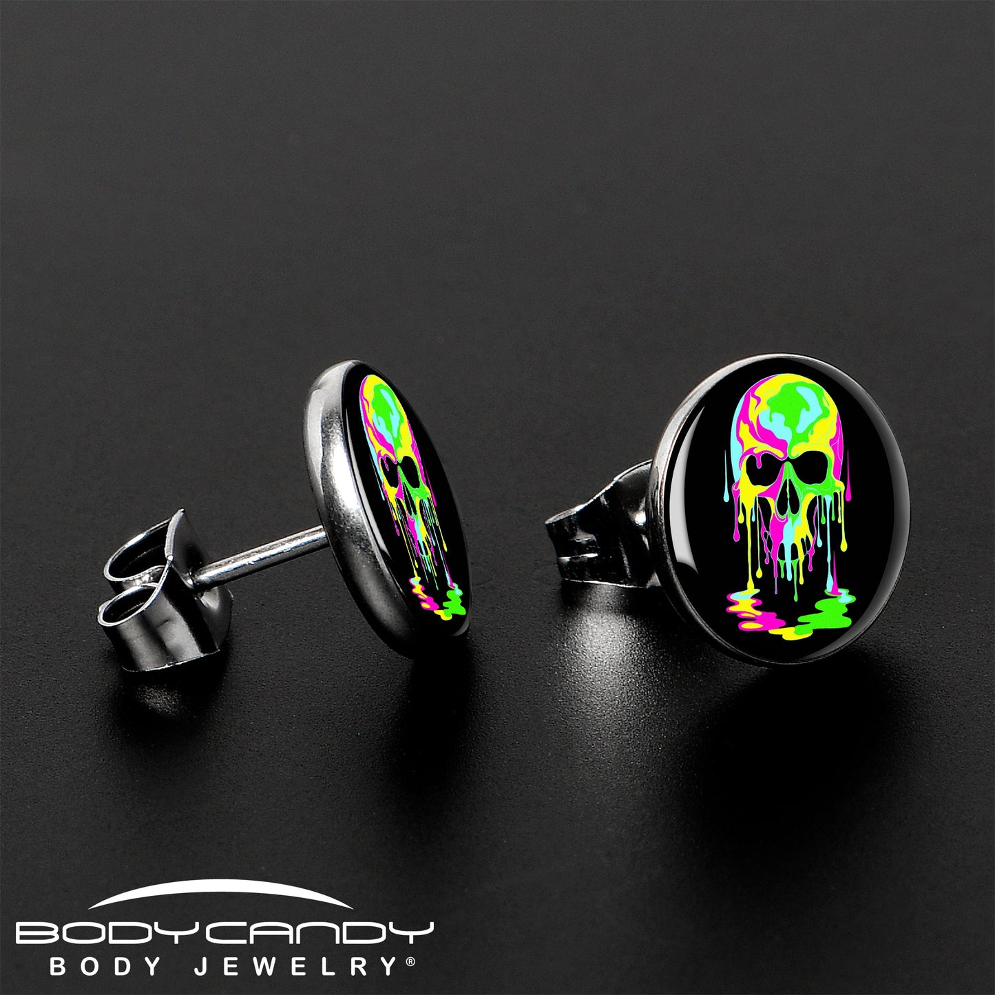 Ultra Bright Melting Skull Stud Earrings by Onyx O