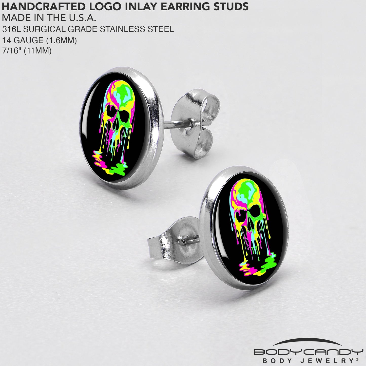 Ultra Bright Melting Skull Stud Earrings by Onyx O