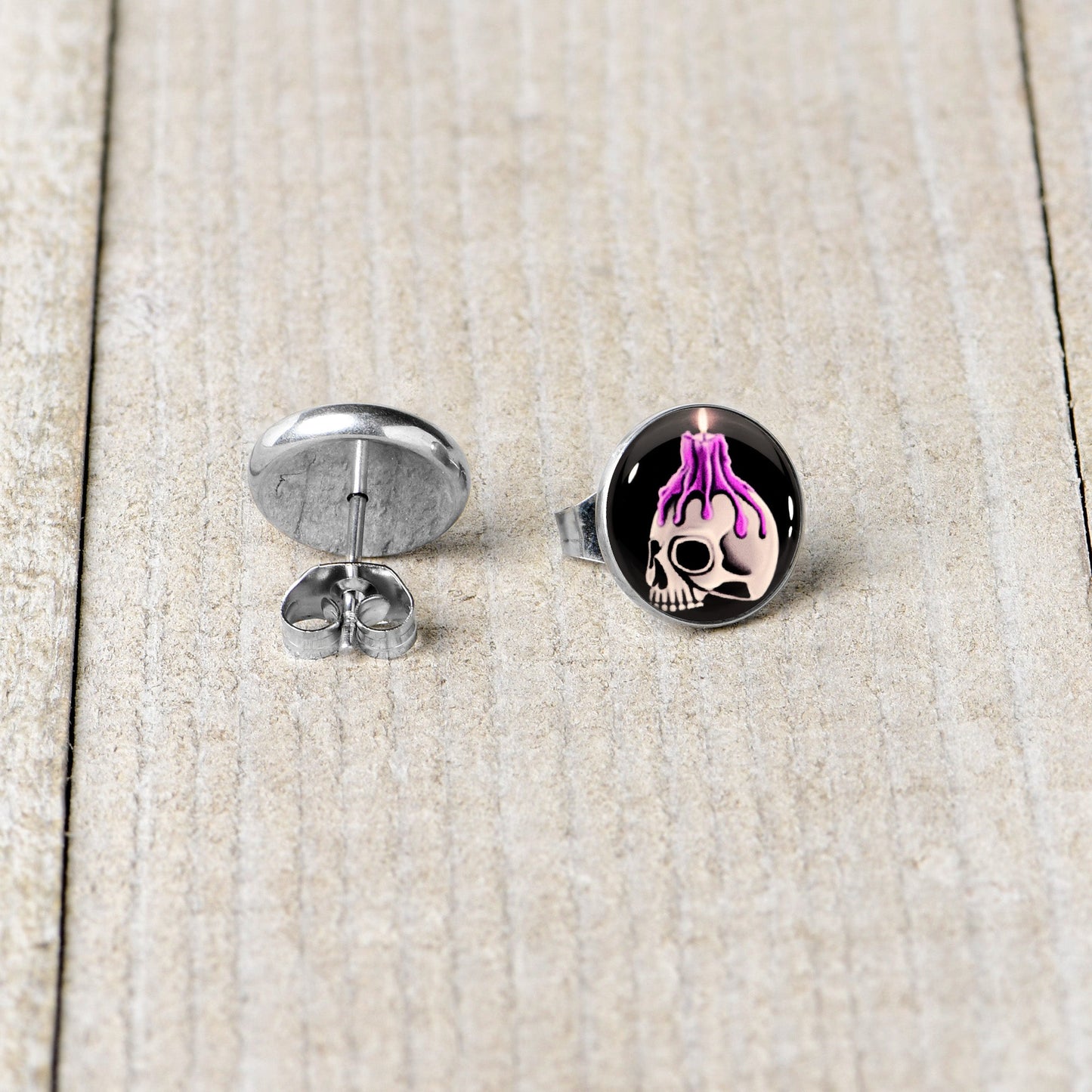 Burning Skull Candle Stud Earrings by Onyx O
