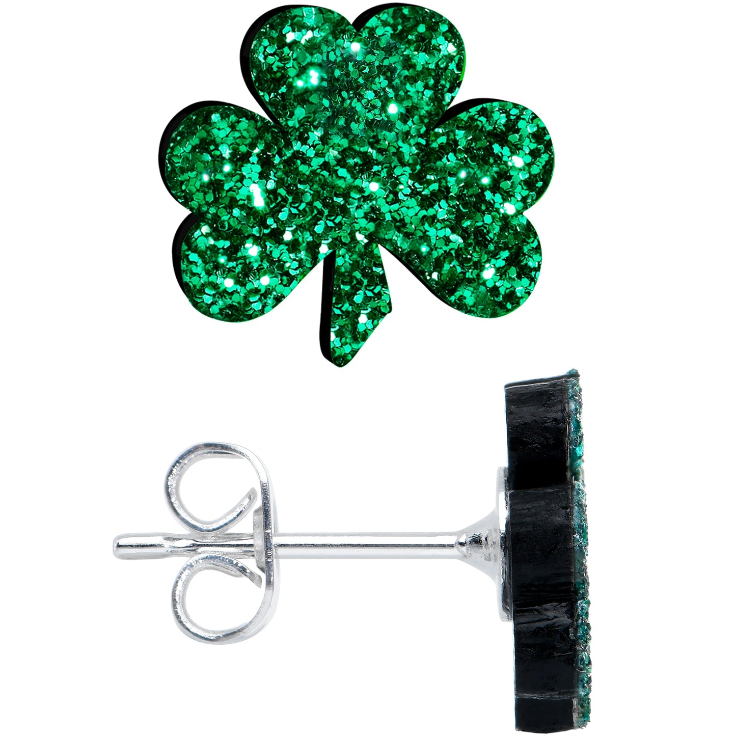 Stainless Steel Green Glitter Shamrock St Patricks Stud Earrings