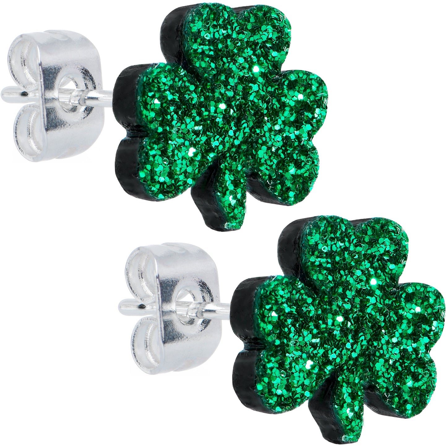 Stainless Steel Green Glitter Shamrock St Patricks Stud Earrings