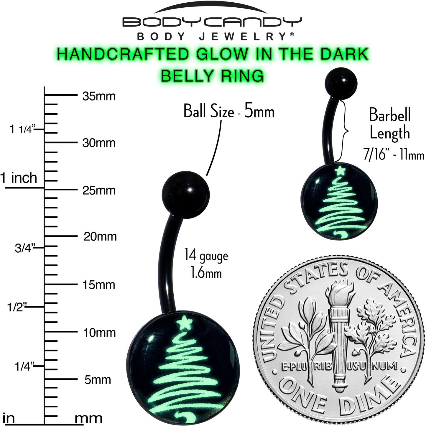 Black Glow in the Dark Holiday Christmas Tree Belly Ring by Onyx O