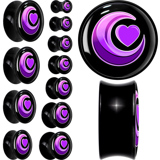 0G Crescent Moon Heart Black Acrylic Saddle Plug Set by Onyx O