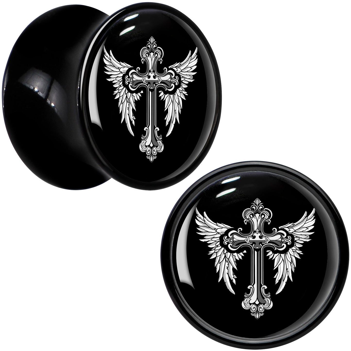 0G Black White Winged Cross Black Acrylic Saddle Plug Set by Onyx O