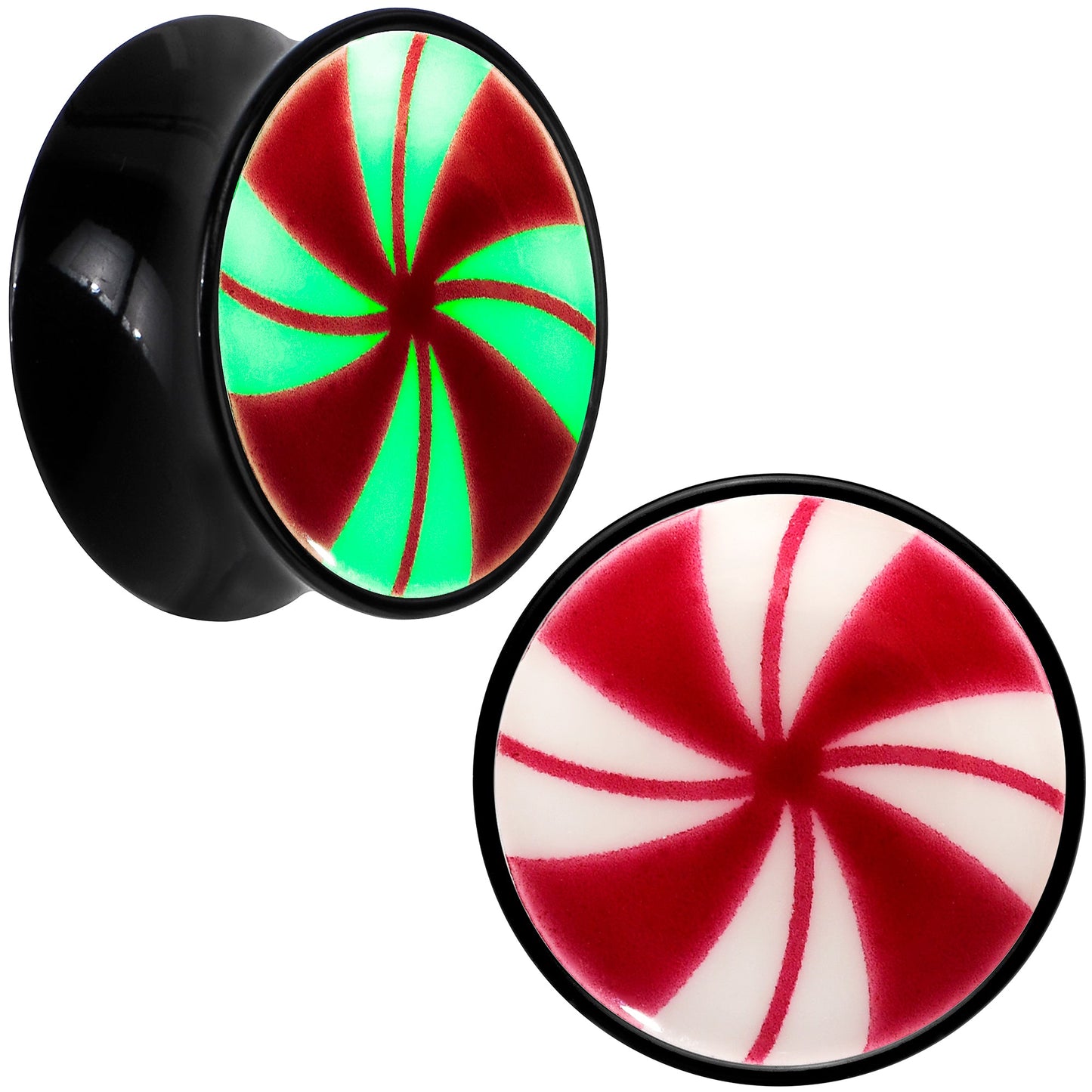 Black Acrylic Peppermint Candy Glow in Dark Double Flare Plug Set by Onyx O