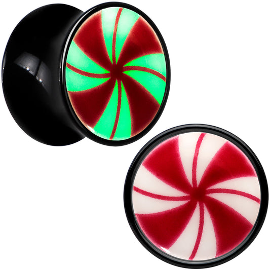 Black Acrylic Peppermint Candy Glow in Dark Double Flare Plug Set by Onyx O