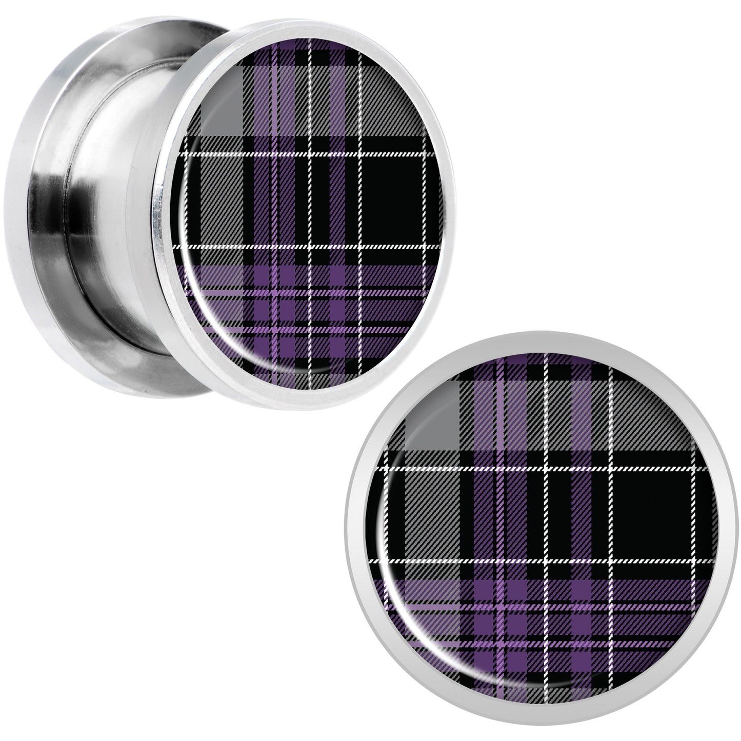 Winter Purple Black Plaid Screw Fit Plug Set Sizes 5mm to 20mm